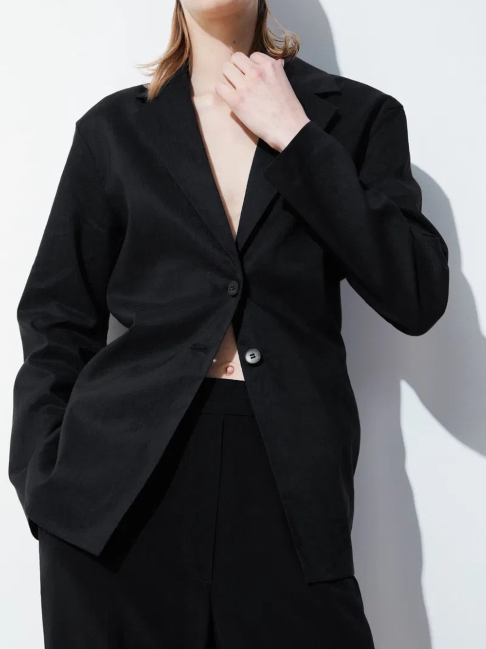 WT COS Atelier Waisted Linen-Blend Blazer Black Pinched Waist Size 8